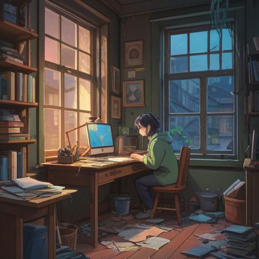 A serene, reflective scene depicting a person sitting at a cluttered desk, looking thoughtfully out of a window, soft light streaming in, a sense of boredom and contemplation in the air, ethereal elements like floating symbols representing the spiritual journey, calming colors, nature outside the window symbolizing freedom, 4k