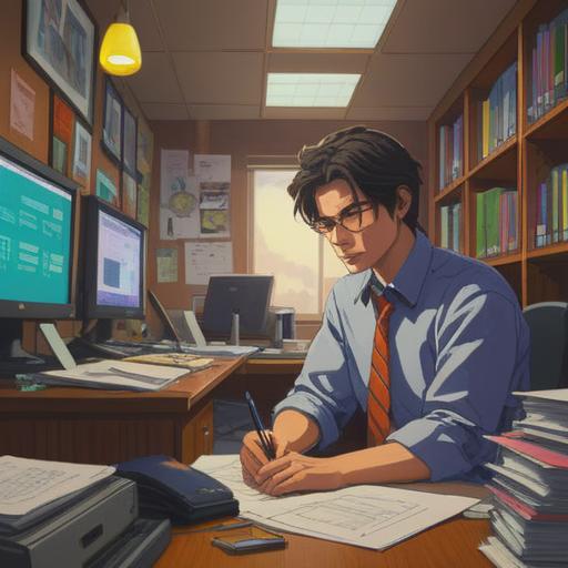 A bored office worker staring at a computer screen, piles of paperwork surrounding him, subtle spiritual symbols appearing in the air, a faint glow around the symbols, a clock showing the slow passage of time, a sense of longing for purpose, muted colors, thoughtful expression, ethereal atmosphere, 4k