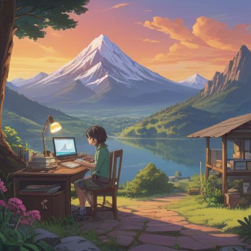 A serene and calming scene depicting various spiritual signs of stress relief from work, soft light illuminating a peaceful workspace, distant mountains symbolizing clarity and tranquility, gentle waves representing emotional flow, crystals scattered around for healing energy, a subtle aura around the workspace, warm colors exuding comfort, harmonious composition, inviting atmosphere, 4k