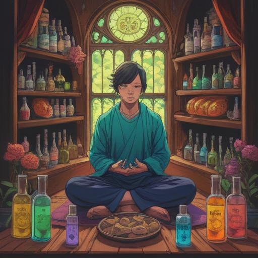 A serene and calming illustration of a person meditating in a tranquil environment, surrounded by bottles of essential oils labeled