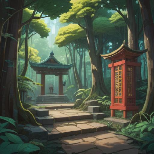 A serene illustration of the Kamo Shrine with its tranquil forest surroundings, featuring a silken cocoon symbolizing transformation and spirituality, ethereal light filtering through the trees, calming color palette, intricate details in the architecture, sense of peace and harmony, spiritual energy emanating from the shrine, 4k