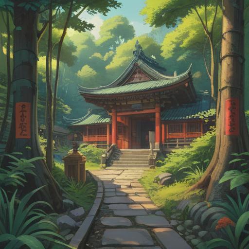 A serene landscape featuring the Kan’non shrine, surrounded by lush greenery and ethereal light, symbolic representations of spiritual signs such as divine animals and auspicious symbols, a peaceful atmosphere evoking a sense of enlightenment, soft rays of sunlight filtering through the trees, tranquil water reflecting the shrine, harmonious colors, inviting pathways leading to the shrine, 4k