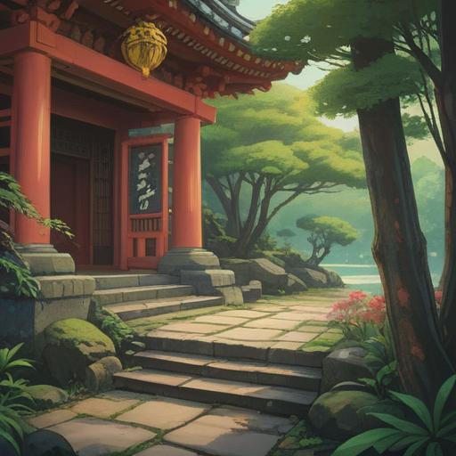 A serene illustration of the Kamo Shrine in Kyoto, featuring the unique silkworm symbol, lush greenery surrounding the shrine, ethereal light illuminating the sacred space, intricate carvings and traditional architecture, soft mist in the air, spiritual aura, symbolism of wisdom and intuition, calming atmosphere, 4k