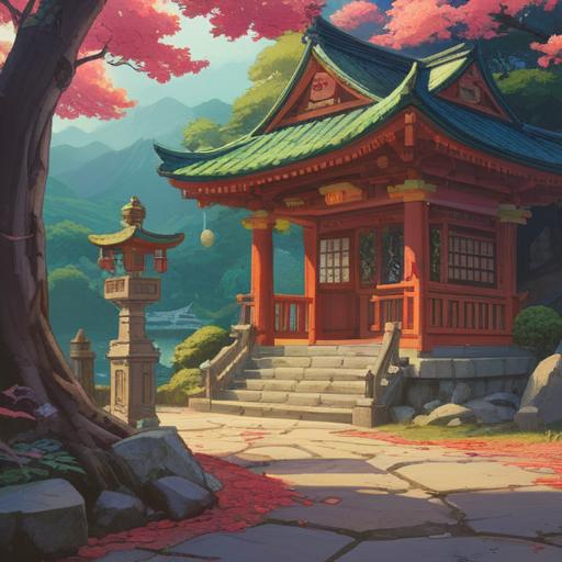 A serene scene depicting a visit to Kaika Shrine, featuring a collection of lucky charms, vibrant colors, traditional Japanese motifs, soft sunlight filtering through the trees, a peaceful atmosphere, intricate details of the shrine architecture, visitors admiring the charms, a sense of cultural heritage, 4k