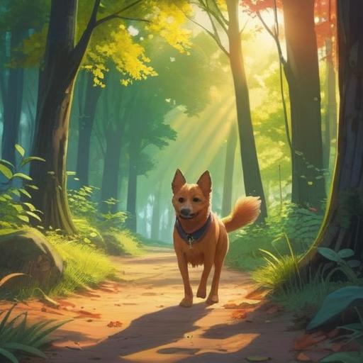 A serene scene of a dog approaching during a walk, bright sunlight filtering through trees, a peaceful park environment, the dog radiating positive energy, a sense of connection between human and animal, vibrant flowers in the background, spiritual symbols subtly integrated, soft focus, uplifting atmosphere, 4k