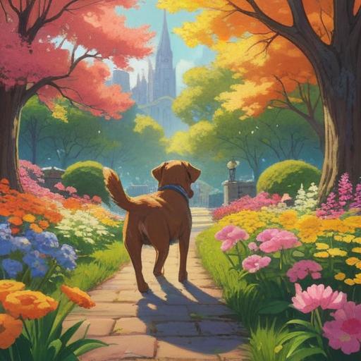 A serene scene of a dog approaching a person in a sunlit park, surrounded by blooming flowers and gentle trees, the person displaying a calm and joyful expression, ethereal light surrounding the dog, symbolizing spiritual connection and positive energy, harmonious nature, uplifting atmosphere, 4k