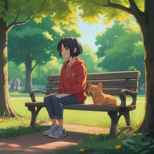 A serene outdoor scene, a person sitting on a park bench, surrounded by gentle sunlight filtering through trees, a friendly dog approaching with wagging tail, ethereal symbols in the air representing spiritual signs, colorful flowers blooming nearby, calming atmosphere, detailed expressions of both the dog and the person, harmonious connection, 4k