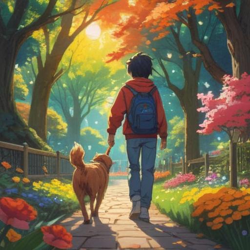 A cheerful scene of a person walking in a park, a friendly dog approaching with excitement, sunlight filtering through the trees, vibrant flowers blooming along the path, a sense of happiness and surprise, light reflecting off the dog's coat, capturing a moment of joy and connection, 4k