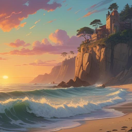 A serene scene of a scattering of ashes at a beautiful cliffside, gentle waves crashing below, a sunset casting warm golden light, ethereal spirits rising from the ashes, tranquil nature surrounding the moment, soft winds, reflecting the spiritual connection between life and nature, peaceful atmosphere, 4k