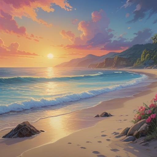 A serene and tranquil scene depicting a scattering of ashes at a beautiful beach, gentle waves lapping at the shore, soft golden sunlight filtering through fluffy clouds, symbolic representation of peace and release, birds soaring in the sky, distant mountains on the horizon, a sense of harmony and spiritual connection, vibrant colors, peaceful atmosphere, nature's beauty, 4k