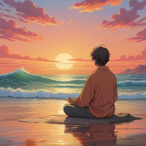 A serene and reflective scene depicting a person meditating by the ocean, gentle waves lapping at the shore, a warm sunset casting a golden glow, scattered ashes in the breeze, a sense of peace and closure, a calm expression on the person's face, nature surrounding them, 4k