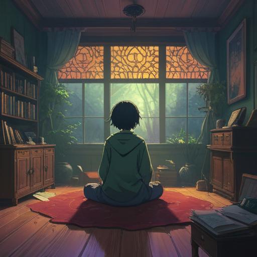 A somber and introspective scene, depicting a figure sitting alone in a dimly lit room, surrounded by swirling ethereal energies, deep blue and purple hues, reflective facial expression, subtle tears, hints of light breaking through dark clouds outside the window, representing inner turmoil and spiritual awakening, atmospheric lighting, transcendent and hauntingly beautiful, 4k