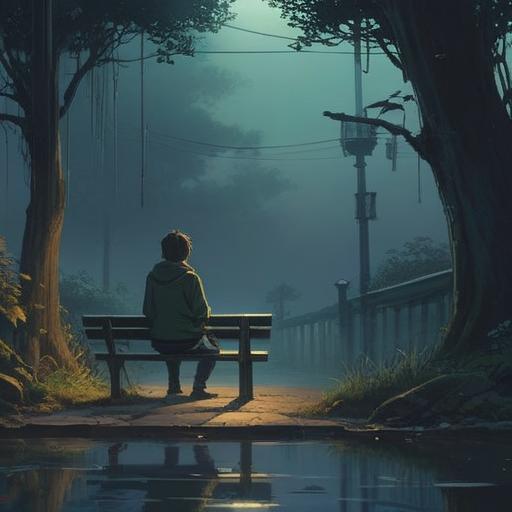 A dark and moody scene, a person sitting alone on a bench, surrounded by fog, looking lost and despondent, ethereal symbols appearing faintly in the mist, subtle hints of light guiding their gaze, introspective atmosphere, representation of spiritual signs in nature, emotional weight, watercolor style, soft focus, 4k