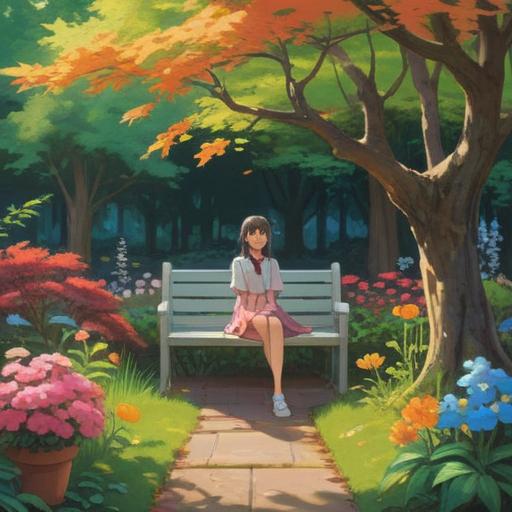 A serene scene depicting a peaceful garden with colorful flowers and gentle sunlight filtering through the trees, a person sitting on a bench with a book, birds singing, a tranquil pond reflecting the sky, soft breeze, feeling of calmness and renewal, warm atmosphere, nature’s healing power, 4k