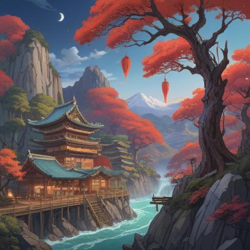 A mystical scene depicting Yamabushi and Tengu, surrounded by ancient mountains, symbolic nature elements, serene atmosphere, ethereal lighting, traditional Japanese clothing, spiritual energy emanating, harmonious connection with nature, 4k