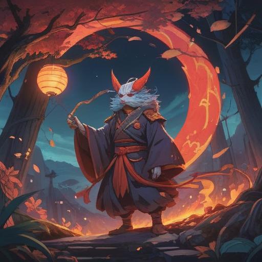 A mystical scene depicting a Tengu revealing itself, surrounded by ethereal lights, subtle signs in the surroundings like falling leaves and distant mountains, Japanese folklore elements, a serene forest atmosphere, spiritual symbols gently glowing in the background, captivating expressions of awe and curiosity, 4k
