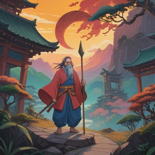 A serene landscape featuring a Yamabushi and a Tengu bestowing blessings upon a person, vibrant colors, mystical aura, traditional Japanese elements, the person receiving a lucky item, surrounded by nature, mountains in the background, intricate details, soft light, harmonious atmosphere, 4k