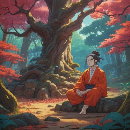 A serene forest scene featuring a Yamabushi meditating under a majestic tree, a Tengu hovering nearby with a benevolent expression, gentle sunlight filtering through the leaves, lush greenery surrounding them, mystical symbols glowing softly in the air, a sense of tranquility and spiritual elevation, harmonious coexistence with nature, vibrant colors, detailed textures, 4k