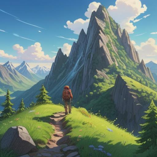 A serene mountain scene representing the spiritual meaning of climbing, majestic peaks under a clear blue sky, hikers ascending a lush green trail, sunlight filtering through the trees, a sense of peace and enlightenment, vibrant wildflowers along the path, symbolic journey towards self-discovery, tranquil atmosphere, elevated perspective, 4k