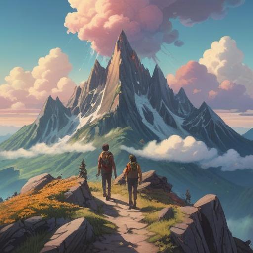 A serene mountain landscape, hikers ascending a majestic peak, ethereal light breaking through clouds, a sense of tranquility and spiritual awakening, vibrant greenery contrasting with rocky terrain, a clear blue sky, soft mist enveloping the mountains, inspirational atmosphere, 4k