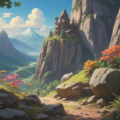 A serene mountain landscape after a hike, a colorful collection of lucky items scattered on a rock, gentle sunlight illuminating the scene, vibrant wildflowers in the foreground, a clear blue sky with fluffy clouds, sense of accomplishment and adventure, peaceful ambiance, 4k