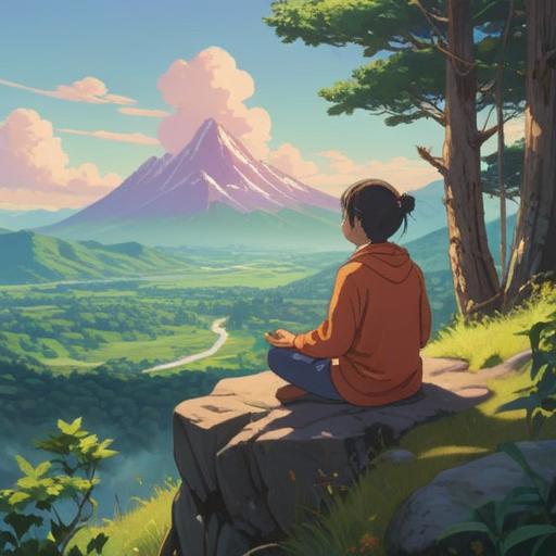 A serene mountain landscape, a person meditating on a peak, surrounded by nature's beauty, soft sunlight filtering through trees, peaceful atmosphere, symbolic representation of inner peace and connection with nature, calming colors, harmonious elements, 4k