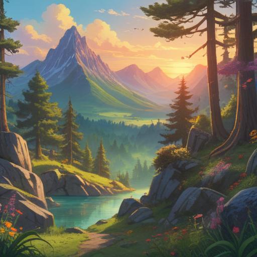 A serene mountain landscape, soft sunlight filtering through the trees, spiritual symbols subtly integrated into the scenery, feelings of peace and enlightenment, majestic peaks in the background, clear blue sky, gentle flowing river, tranquil atmosphere, harmonious connection with nature, 4k