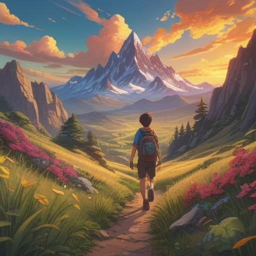 A serene landscape featuring a mountain enthusiast hiking along a lush trail, subtle spiritual symbols in the clouds, a vibrant sunset casting golden light, tranquil forest surroundings, hints of wildlife observing from afar, peaceful atmosphere, inspiring sense of connection with nature, 4k