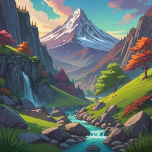 A serene landscape featuring a majestic mountain range, lush green valleys, sparkling streams, and a collection of colorful lucky stones in the foreground, vibrant natural scenery, peaceful atmosphere, inviting hiking trails, soft sunlight illuminating the scene, 4k