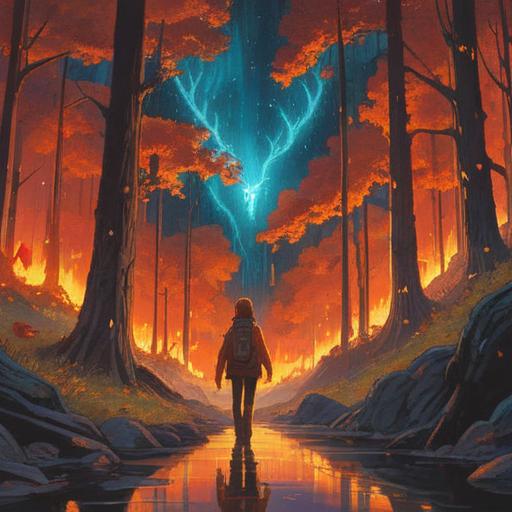 A spiritual representation of a forest fire, vibrant colors, intense flames rising among the trees, symbolic transformation and renewal, ethereal figures emerging from the smoke, contrast between destruction and rebirth, calm yet powerful atmosphere, deep connection to nature, 4k