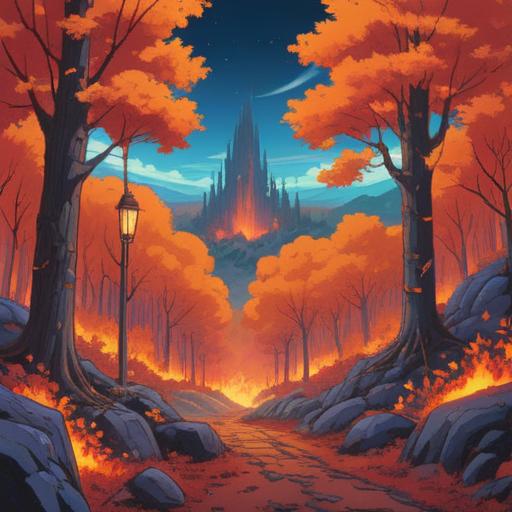 A dramatic landscape of a forest engulfed in flames, vibrant orange and red hues, contrasting with the serene blue sky, mystical symbols emerging from the smoke, a sense of renewal and transformation, wildlife observing from a safe distance, spiritual aura surrounding the scene, hope and rebirth themes, 4k