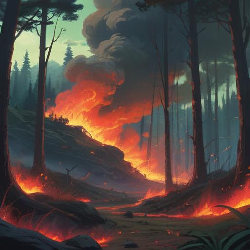 A dramatic scene of a wild forest fire, vibrant flames engulfing trees, thick smoke billowing into the sky, a silhouette of an animal fleeing, signs of spiritual warnings in the air, eerie glow of the fire reflecting on the surrounding landscape, sense of urgency and danger, enhanced contrast, 4k