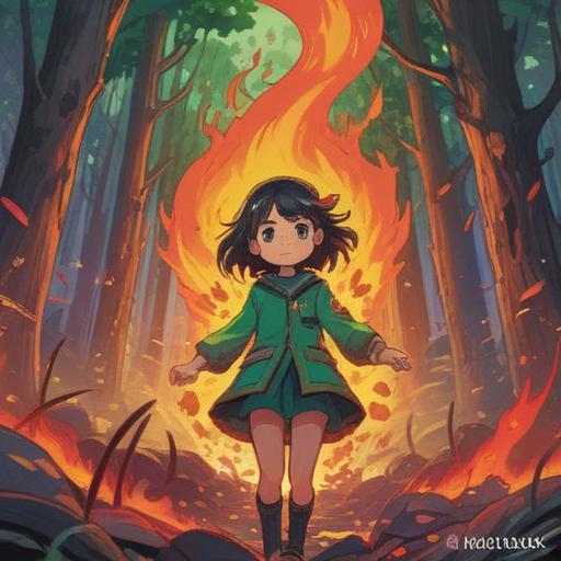 A hopeful illustration of a lucky symbol overcoming a forest fire, vibrant colors, a shining four-leaf clover amidst flames, a resilient character standing strong, dynamic composition, a contrasting backdrop of destruction and hope, uplifting atmosphere, 4k
