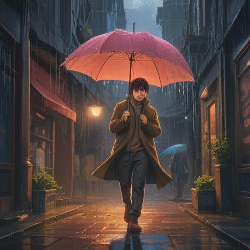 A mysterious scene depicting a person in shock as their umbrella slips away, representing unexpected loss, ethereal light surrounding the disappearing umbrella, a tranquil setting with soft colors and mist, symbolic elements illustrating change and transition, introspective atmosphere, 4k
