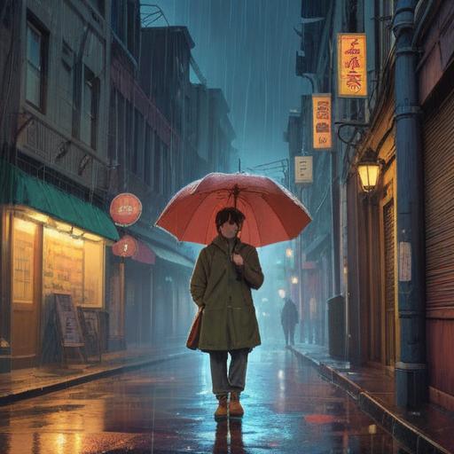 A serene scene depicting a person standing under a street lamp in the rain, looking surprised as they notice their missing umbrella, symbolic representation of loss leading to spiritual growth, ethereal light breaking through dark clouds, soft focus on the background, vibrant colors reflecting hope and transformation, emotional atmosphere, 4k