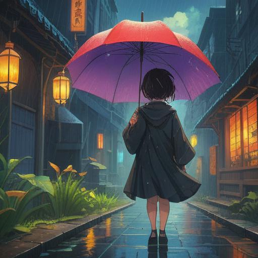 A serene, mystical scene depicting a person about to have their umbrella stolen, subtle spiritual signs like shadowy figures or glowing symbols in the background, a sense of foreboding in the atmosphere, rainy urban setting, soft light filtering through clouds, detailed textures on the umbrella, cautionary elements subtly integrated, 4k