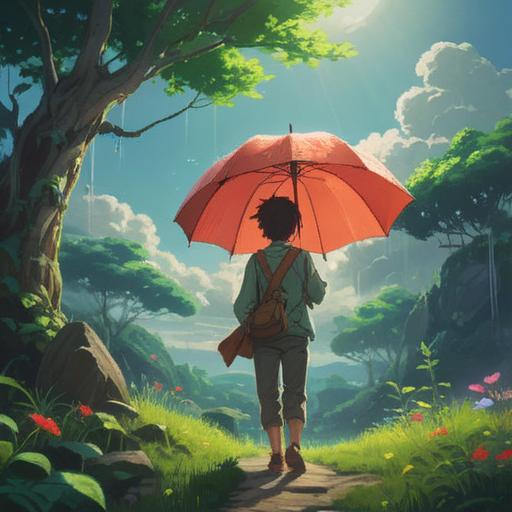 A spiritual scene depicting a person finding inner peace after losing an umbrella, serene environment, gentle sunlight breaking through clouds, vibrant greenery surrounding the individual, symbolism of renewal and hope, whimsical elements representing positive energy, calming colors, soft textures, transformative experience, 4k