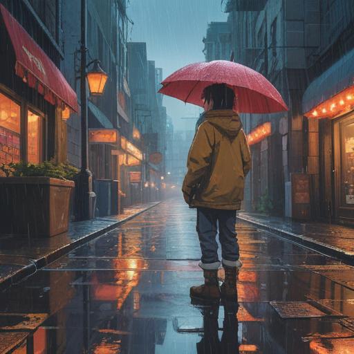 A person standing in the rain, looking up thoughtfully with a sense of realization, empty street with puddles reflecting light, a missing umbrella in the foreground, deep introspection and emotional growth, soft focus background depicting a cityscape, moody atmosphere, high resolution