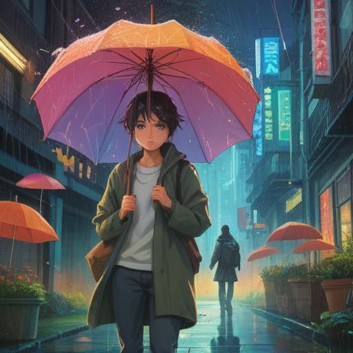 A spiritual illustration depicting the moment of losing an umbrella, symbolic of protection and security being taken away, a figure looking lost and confused under a rainy sky, ethereal light illuminating the scene, surrounded by ghostly shadows representing emotions, a reflective puddle capturing the essence of the loss, deep colors, moody atmosphere, 4k