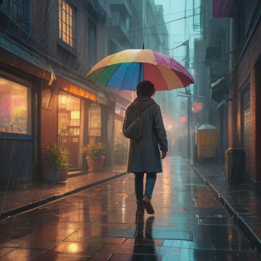 A mysterious scene depicting a person standing in a rain-soaked street, an empty space where a colorful umbrella once was, ethereal light breaking through dark clouds, symbolic elements like glowing orbs floating around, a sense of serenity and hope, soft reflections on wet pavement, abstract representation of spiritual awakening, 4k