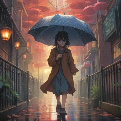 A metaphorical representation of a person realizing their umbrella has been stolen, symbolic elements like missing shadows, subtle signs of spiritual awareness, ethereal lights guiding the way, a stormy backdrop reflecting inner turmoil, hints of serendipity and protection from above, vibrant colors conveying emotions, surreal atmosphere, intricate details highlighting intuition and awareness, thought-provoking imagery, 4k