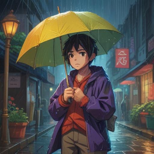 A person standing in the rain, looking surprised and disappointed after their umbrella was stolen, surrounded by vibrant lucky charms floating around them, a radiant glow emanating from the charms, colorful details highlighting the positive energy, rain-soaked street reflecting the lights, hopeful expression on their face, encouraging atmosphere, 4k