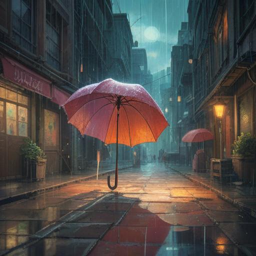 A surreal illustration depicting a broken umbrella, symbolizing spiritual protection, ethereal light shining through the cracks, soft raindrops falling, serene landscape in the background, vibrant colors representing emotions, mystical aura surrounding the scene, 4k