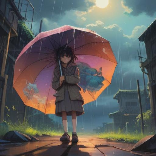 A mystical illustration depicting a broken umbrella, shimmering light emanating from the cracks, surrounded by ethereal clouds and vibrant colors, symbolizing spiritual signs and positive energy, tranquil atmosphere, dreamlike setting, nature elements like flowers and butterflies, serene character contemplating the meaning, 4k