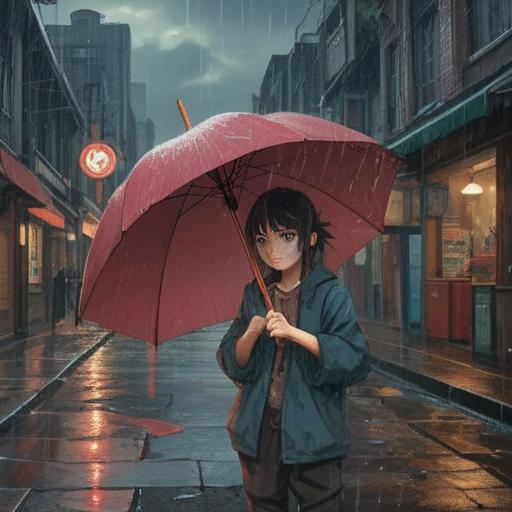 A broken umbrella lying on a rainy street, symbolic of protection lost, subtle spiritual signs in the raindrops, dark clouds overhead, a faint light emerging from the background, hinting at hope and guidance, reflections on the wet pavement, a sense of caution and awareness, 4k