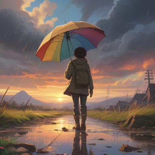 A whimsical scene depicting a person holding a broken umbrella, bright sunlight breaking through the clouds, reflections of vibrant rainbows on the ground, surrounding friends laughing and cheering, small acts of kindness around, like sharing a drink or giving compliments, feeling of good fortune, uplifting atmosphere, 4k
