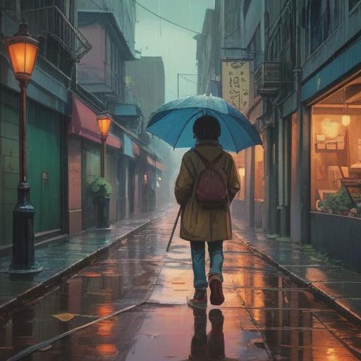 A broken umbrella symbolizing life's turning points, a rainy street scene, puddles reflecting muted colors, a figure standing thoughtfully under the umbrella, raindrops falling gently, soft light filtering through the clouds, a sense of contemplation and change, 4k