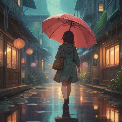 A symbolic illustration of losing an umbrella, reflections of letting go, spiritual journey representation, nature's elements intertwined, weight of burdens lifted, soft rain with gentle light, calming colors, serene atmosphere, introspective moment, 4k