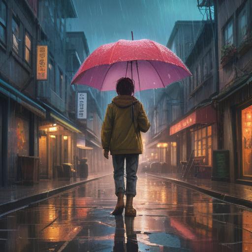 A serene scene depicting a person standing in a rain-soaked street, looking up at the sky, a broken umbrella lying on the ground, ethereal light breaking through the clouds, symbolic representation of letting go, peaceful expression on the person's face, harmonious connection with nature, gentle raindrops falling, vibrant colors, 4k
