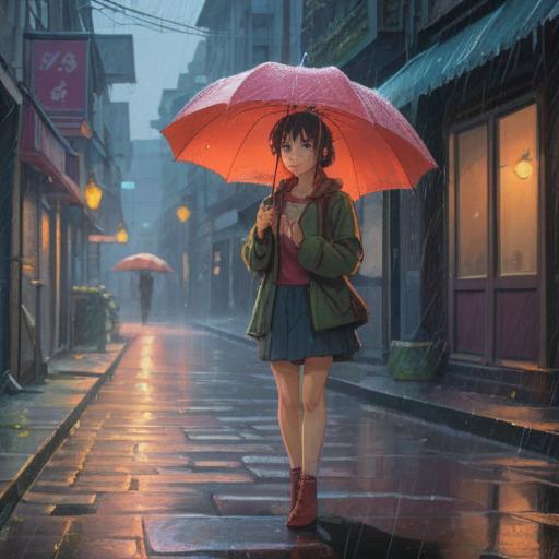 A serene and mystical illustration, focus on a young woman standing in the rain, looking puzzled without an umbrella, ethereal light surrounding her, symbolic spiritual signs in the raindrops, a faint glow of energy in the air, trees whispering secrets, gentle reflections on the wet ground, deep emotional undertones, 4k